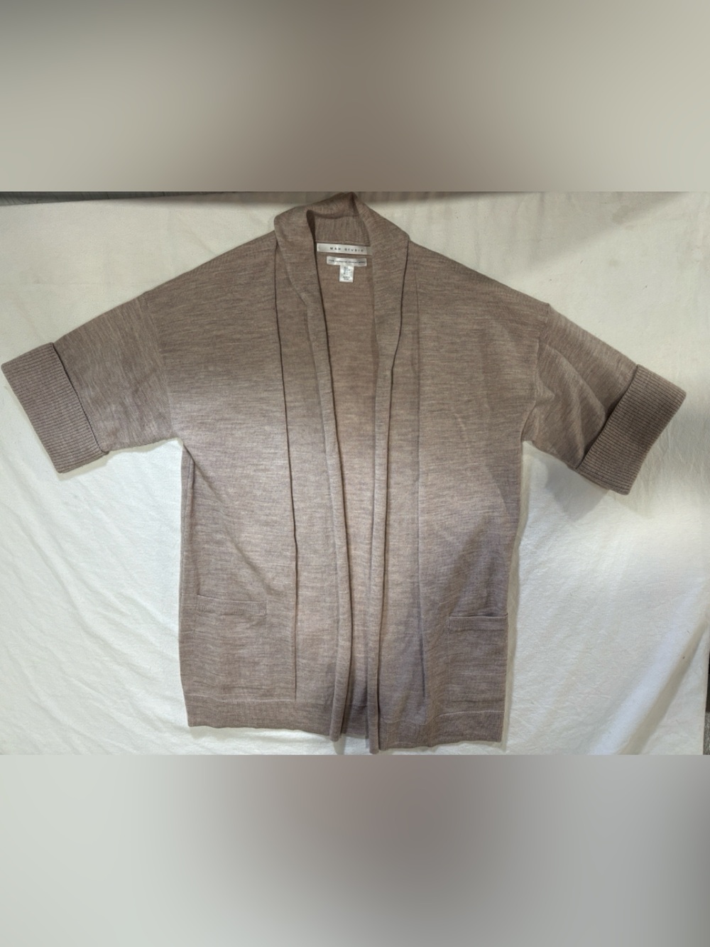 Max Studio Merino Wool Short Sleeve Open Front Pocket Duster Cardigan L